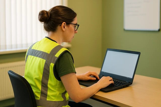 AI gegenereerede afbeelding van een vrouw in een high vis vest achter een laptop
